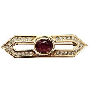 Grosse Gold Tone Bar Brooch Red Clear Rhinestone Pin Signed